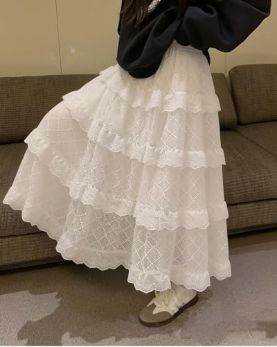 スカート girly lace frill long skirt white White Long Skirts for Women Elastic Waist Floral Print Tiered Maxi